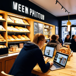 ** A bustling Stockholm cafe, filled with people on laptops and having meetings. Focus on the modern design and use of space. The cafe should have a prominent display of local Swedish pastries and coffee, hinting at strong competition in the local food & beverage market.

**