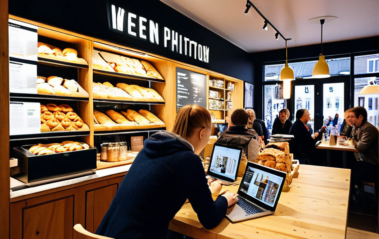 ** A bustling Stockholm cafe, filled with people on laptops and having meetings. Focus on the modern design and use of space. The cafe should have a prominent display of local Swedish pastries and coffee, hinting at strong competition in the local food & beverage market.
**