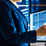 A professional businesswoman in a modest, dark blue business suit, standing in a modern, high-tech office. Her hand is gently placed on a holographic, glowing data display that visually represents market trends and a company's "pulse," with intricate lines and abstract shapes. The background features blurred city lights through a large window. Professional photography, cinematic lighting, high-resolution, sharp focus, clean aesthetic. Fully clothed, appropriate attire, modest clothing, safe for work, appropriate content, professional, perfect anatomy, correct proportions, natural pose, well-formed hands, proper finger count, natural body proportions.