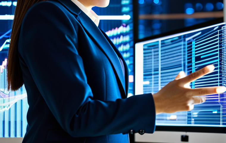 A professional businesswoman in a modest, dark blue business suit, standing in a modern, high-tech office. Her hand is gently placed on a holographic, glowing data display that visually represents market trends and a company's "pulse," with intricate lines and abstract shapes. The background features blurred city lights through a large window. Professional photography, cinematic lighting, high-resolution, sharp focus, clean aesthetic. Fully clothed, appropriate attire, modest clothing, safe for work, appropriate content, professional, perfect anatomy, correct proportions, natural pose, well-formed hands, proper finger count, natural body proportions.