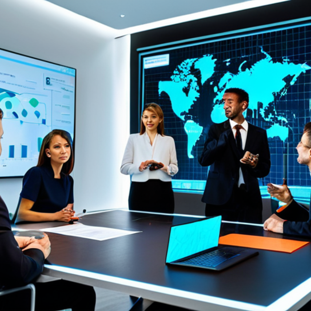A diverse group of five professional business people, men and women, in modest business suits and appropriate attire, actively collaborating around a large, futuristic holographic display. The display shows complex data visualizations including trend graphs, market predictions, and analytics, all in a modern, sleek conference room. Their expressions are focused and engaged, reflecting strategic decision-making. The scene is well-lit with professional studio lighting. Fully clothed, appropriate content, safe for work, professional, perfect anatomy, correct proportions, natural pose, well-formed hands, proper finger count, natural body proportions, high quality, sharp focus.