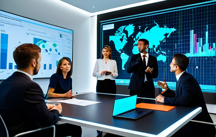 A diverse group of five professional business people, men and women, in modest business suits and appropriate attire, actively collaborating around a large, futuristic holographic display. The display shows complex data visualizations including trend graphs, market predictions, and analytics, all in a modern, sleek conference room. Their expressions are focused and engaged, reflecting strategic decision-making. The scene is well-lit with professional studio lighting. Fully clothed, appropriate content, safe for work, professional, perfect anatomy, correct proportions, natural pose, well-formed hands, proper finger count, natural body proportions, high quality, sharp focus.