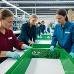 Home 17 경쟁 분석 프레임워크와 비즈니스 모델 혁신 - **Prompt:** A clean, brightly lit, high-tech Swedish textile recycling facility. In the foreground, ...