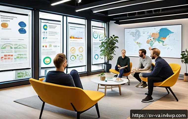 경쟁 분석 프레임워크와 전반적인 경영 전략 - A modern Swedish office setting where a diverse team of marketing professionals is gathered around a...
